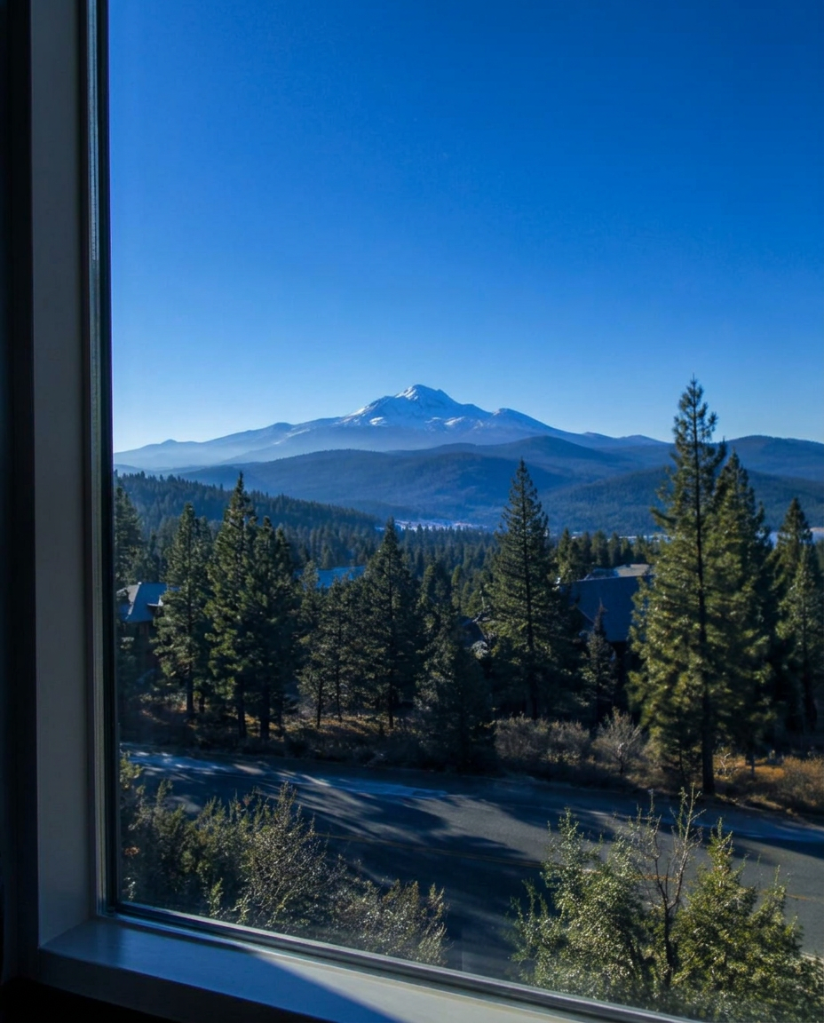 A squeegee revealing a crisp Central Oregon mountain view through a freshly cleaned window