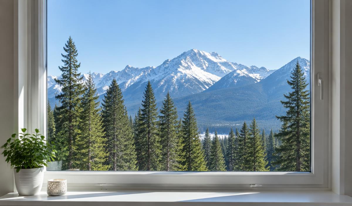 A freshly cleaned window with a clear view of evergreen trees and a snow-capped mountain range
